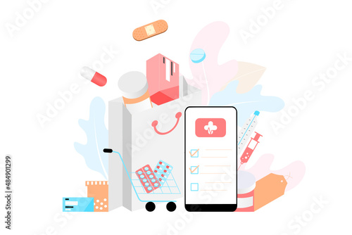 Online pharmacy app concept of healthcare, drugstore and e-commerce. Vector illustration of prescription drugs, first aid kit and medical supplies being sold online via web or computer technology.