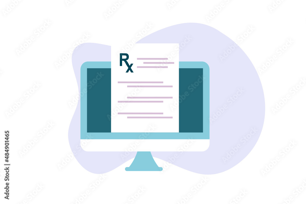 Online medical prescription digital document or online test results report on mobile computer screen. Concept of pharmacy drugstore, diagnosis, hospital, healthcare. Flat vector illustration. Online medical prescription digital document or online test results report on mobile computer screen. Concept of pharmacy drugstore, diagnosis, hospital, healthcare. Flat vector illustration.