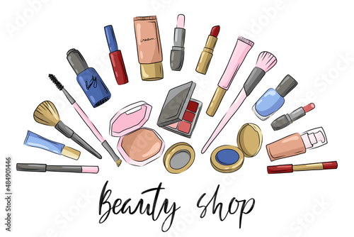 Makeup boutique, beauty shop logo banner. Face care beauty tools set. Sketch of cosmetics products. Brushes, lipstick, eye pencil, powder palette hand drawn illustration isolated on white background.