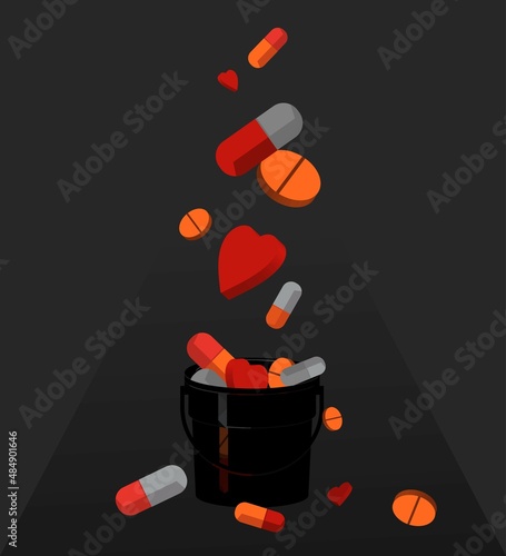 Vector image for Valentine's Day. Images of pills and hearts. Vector image for posters, letters, invitations.