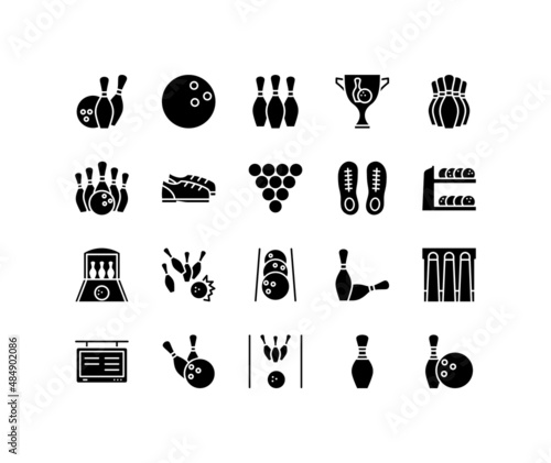 Bowling flat line icons set. Sport game - skittles with ball. Simple flat vector illustration for web site or mobile app