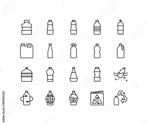Plastic bottle flat line icons set. Types of PET bottles for water, liquid, oil. Simple flat vector illustration for web site or mobile app