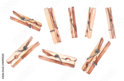 Set of watercolor wooden clothespins isolated on white photo