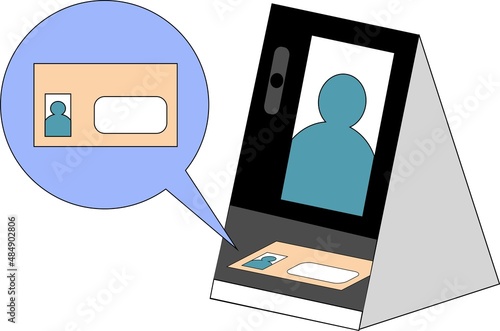 医療機関・薬局向け顔認証付きカードリーダーとマイナンバーカードのイラスト.