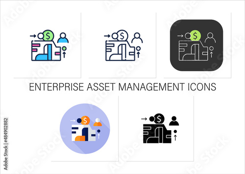 EAM icons set. Enterprise asset management.Plan, optimize, execute, track needed maintenance activities.Control.Asset management.