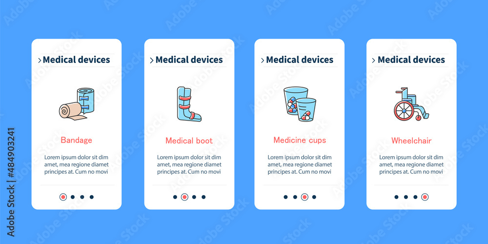 Medical devices onboarding mobile app screens. Treatment steps menu. Bandage, medical boot, cups and wheelchair.Set of UI, UX, web template with RGB color linear icons