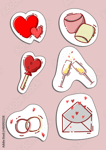 Vector illustration in MBE style. A set of stickers of 6 pieces for a happy valentines day. Valentine card with red heart. Love concept.
