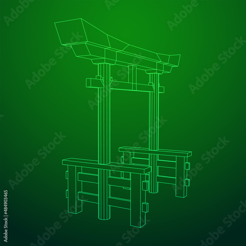 Torii sacred traditional gate. Symbol of Japan,shintoism religion. Japanese Tori arch ancient entrance. Wireframe low poly mesh vector illustration