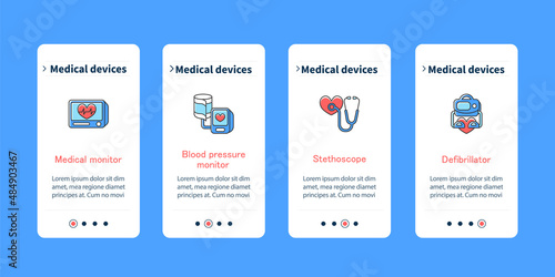 Medical devices onboarding mobile app screens. Treatment steps menu. Medical and blood pressure monitor, stethoscope, defibrillator. Set of UI, UX, web template with RGB color linear icons