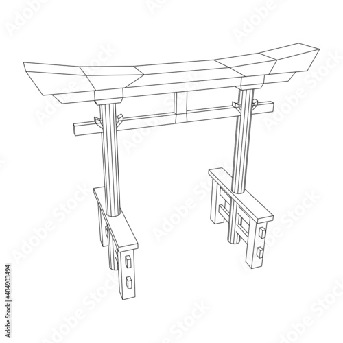 Torii sacred traditional gate. Symbol of Japan,shintoism religion. Japanese Tori arch ancient entrance. Wireframe low poly mesh vector illustration