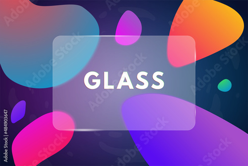 Transparent glass on dark blue background with colorful blobs. Glass morphism style vector image. Translucent glass or plastic card. Place for text. Banner for text on matte glass. 