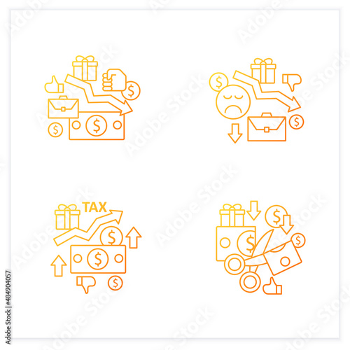 Universal basic income gradient icons set.Higher tax,less spending,reduce work motivation,low wages. Inequality.Isolated vector illustration.Suitable to banners,mobile apps and presentation