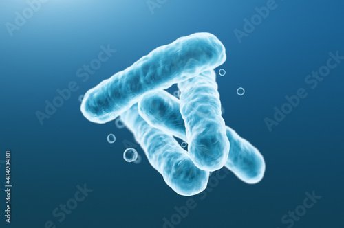 Close-up of 3d rendering microscopic blue bacteria. photo