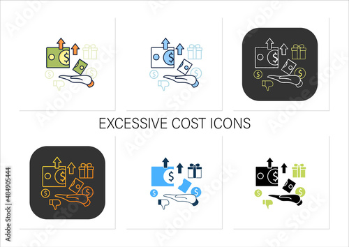Excessive cost icons set. Increasing product costs. Hand hold money.Universal basic income concept. Collection of icons in linear, filled, color styles.Isolated vector illustrations