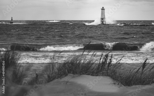 Black and white lighthouse on the coast