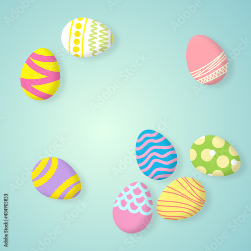 Illustration of colorful colored line art design painted eggs on green mint and trendy light blue feel like grass background for hunting game on Easter Festival