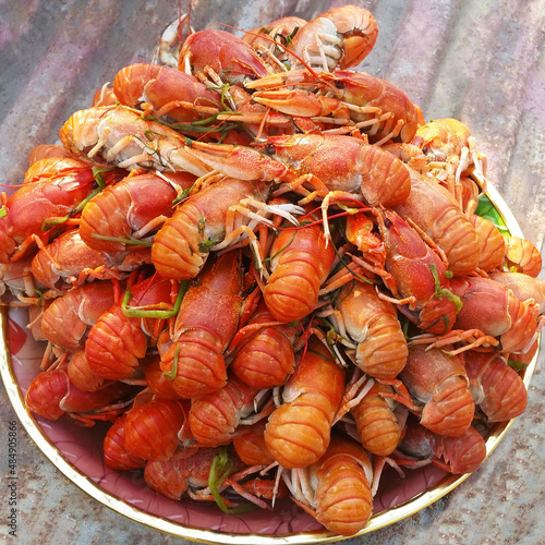 Freshly cooked red boiled crayfish on a plate on a rough blurred background. Russian food. Snack for beer, picnic. Close-up. selective focus. Cook at home