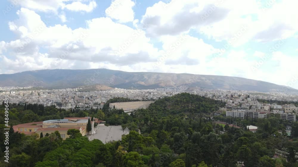 Athens, Greece. Aerial View of Conference Hall Center in National Garden and Panathenaic Stadium, Drone Shot Athens, Greece. Aerial View of Conference Hall Center in National Garden and Panathenaic Stadium, Drone Shot