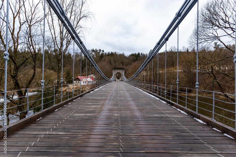 Fototapeta premium Stadlecky chain bridge over the river Luznice in the Czechia