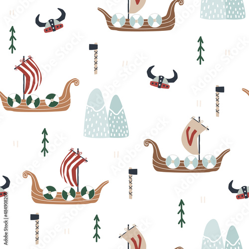 Seamless pattern with Viking ships. Kids print. Vector hand drawn illustration.