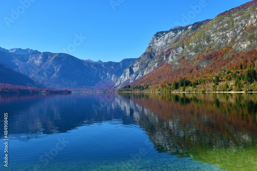 Scenic view of lake Bohinj in Julian alps and Triglav national park, Slovenia in autumn