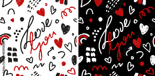 Cute hand drawn love pattern background with hearts and abstract shapes. Happy Valentine's Day background. Love you. Vector seamless pattern.