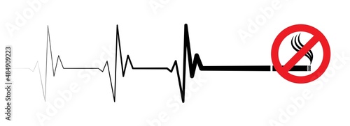 No smoking sign concept with ekg ecg heartbeat design. Smoking causes heart disease vector illustration with cigarette and heartbeat monitor design.
