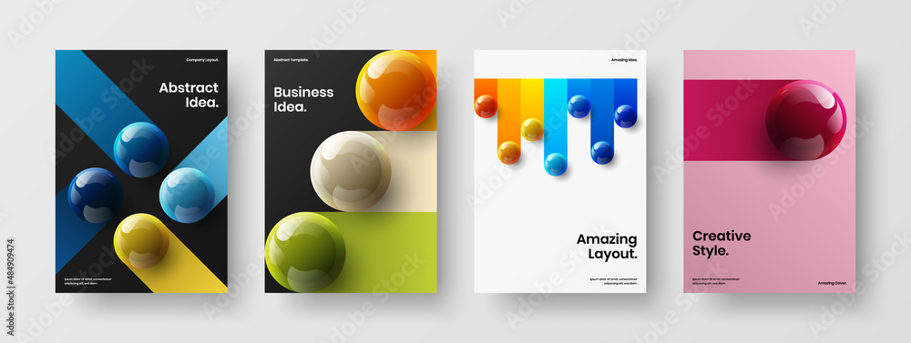 Premium realistic spheres company identity concept collection. Amazing flyer A4 vector design layout set.