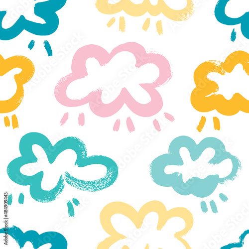 Kids hand drown clouds. Expressive dry brushes seamless pattern.
