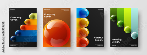 Minimalistic 3D spheres book cover illustration set. Isolated handbill design vector layout collection.