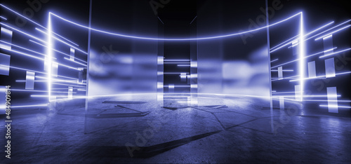 Fototapeta Naklejka Na Ścianę i Meble -  Cyber Neon Sci Fi Futuristic Room Glowing Curved Frame Screen Glass Frosted Panels Blue Vibrant Fluorescent Laser Lights Glowing Dark Corridor Hallway Glossy Concrete Grunge Stage Podium 3D Rendering