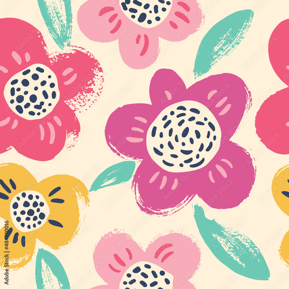 Fototapeta premium Seamless pattern with flowers. Expressive dry brushes.