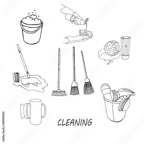 Cleaning equipment - a set of household tools. Vector illustration in doodle style.