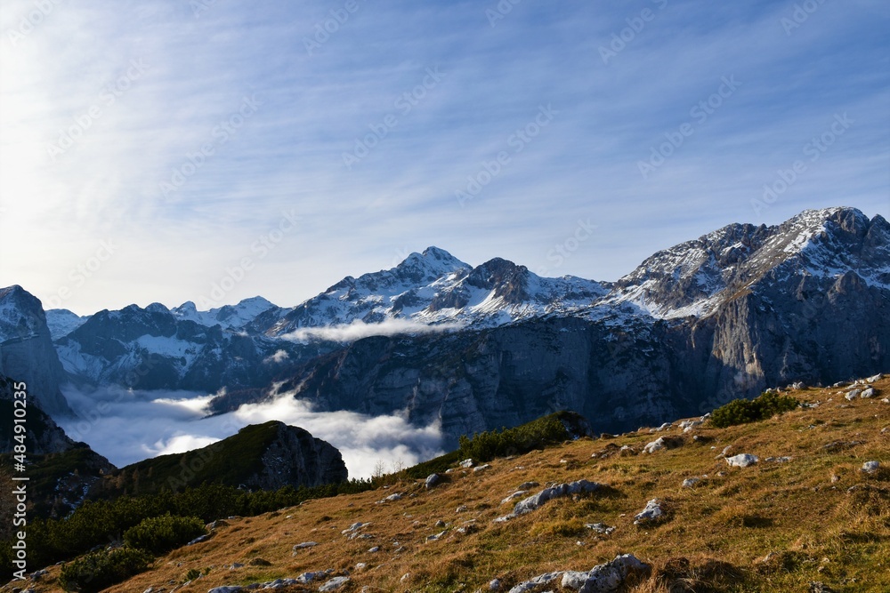 Scenic view of mount Triglav in Julian alps, Slovenia and Krma valley bellow covered in fog