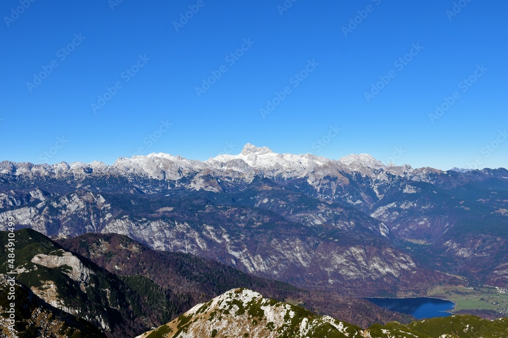 Scenic view of Triglav mountain in Julian alps and Triglav national park, Slovenia with Bohinj lake visible bellow