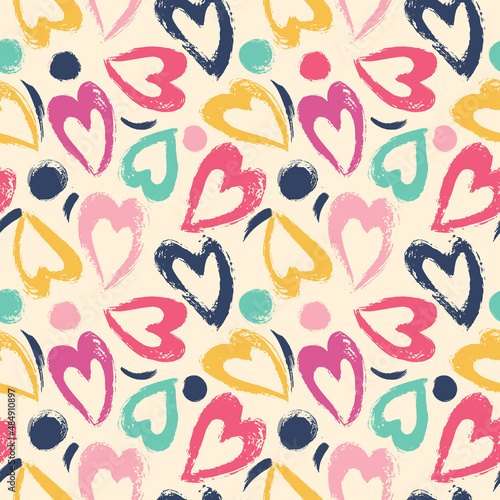 Seamless pattern with hearts in beautiful colors. Dry brush.
