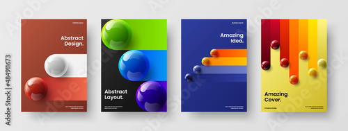 Abstract company brochure A4 design vector template bundle. Simple 3D balls annual report illustration set.