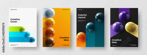 Geometric flyer A4 design vector layout set. Multicolored realistic spheres book cover template collection.