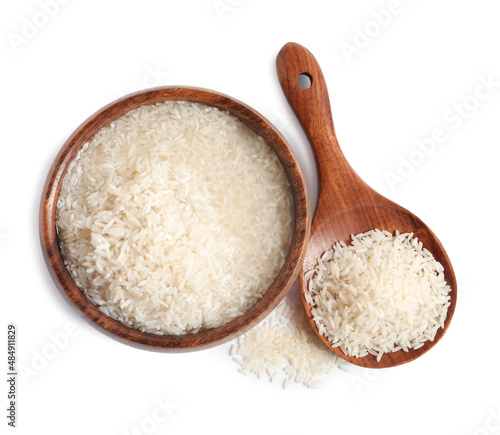 Rice soaked in water on white background, top view