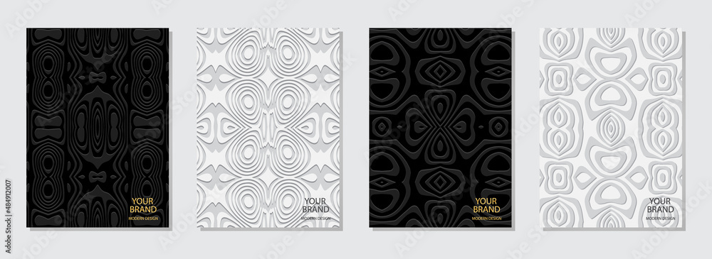 Cover design set, vertical templates. Collection of embossed black and white backgrounds, trendy art deco. Geometric ethnic 3d pattern. Handmade style of the peoples of the East, India, Mexico, Aztecs Cover design set, vertical templates. Collection of embossed black and white backgrounds, trendy art deco. Geometric ethnic 3d pattern. Handmade style of the peoples of the East, India, Mexico, Aztecs
