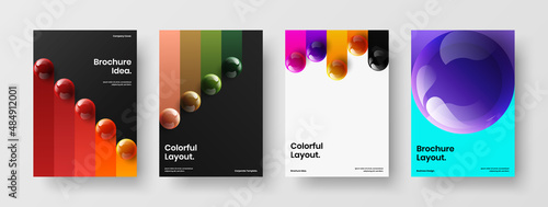 Abstract company cover A4 design vector concept bundle. Minimalistic 3D spheres placard layout composition.