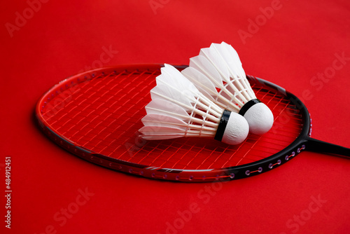 Cream white badminton shuttlecock and racket on red floor in indoor badminton court, copy space, soft and selective focus on shuttlecocks. © Sophon_Nawit