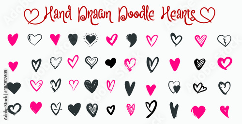 Hand drawn Doodle hearts Black And Red , love hearts collection, Elements for Valentine's Day, Vector illustration Set