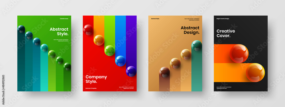 Trendy company identity design vector concept composition. Abstract realistic balls journal cover layout bundle.