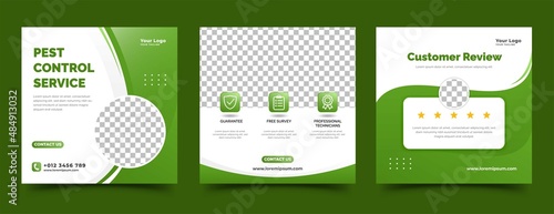Social media post design template for pest control service promotion. White background with abstract green shape and place for the photo.