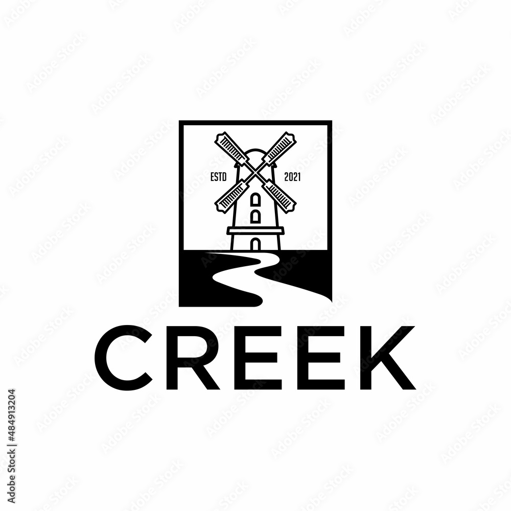 River Creek and Wind Mill Farm Field vector icon illustration River Creek and Wind Mill Farm Field vector icon illustration
