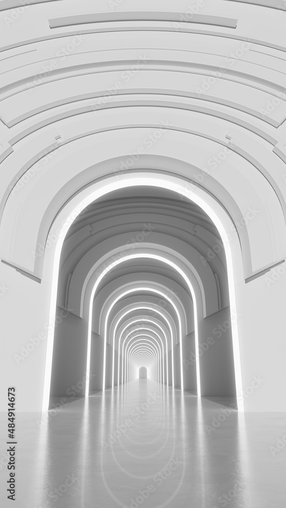 3d rendering. Marble corridor with columns stretching into the distance with neon lights on the sides. Background for your design.