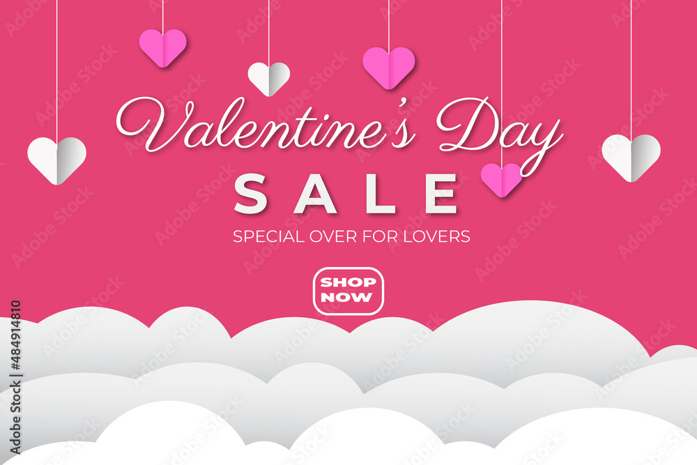 Poster or banner with paper cut clouds. Place for text. Valentine's day sale voucher header or template with hanging heart. 
