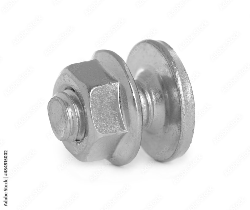 Small metal bolt with flange nut isolated on white Small metal bolt with flange nut isolated on white