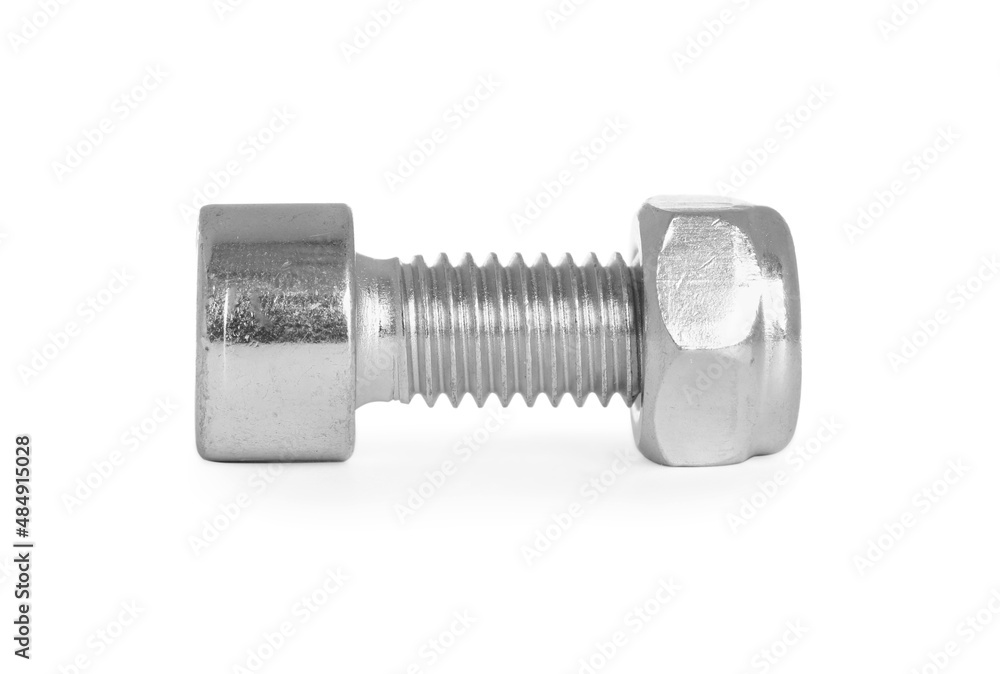 Metal socket bolt with nut isolated on white Metal socket bolt with nut isolated on white
